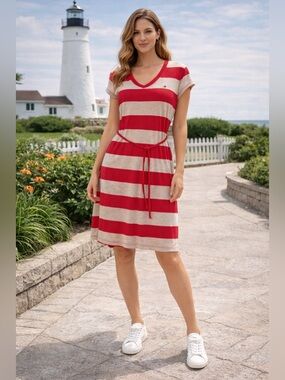 Tommy Hilfiger Red and Cream Striped V-Neck Knit dress with Waist Tie